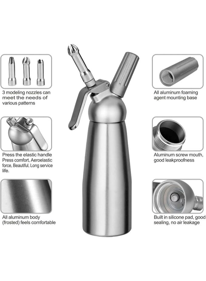 Aluminum Whipped Cream Dispenser, 500 ml, 1 Pint Capacity Cream Whip Canister with 3 Nozzles for Desserts, Dips, Sauces - Image 4