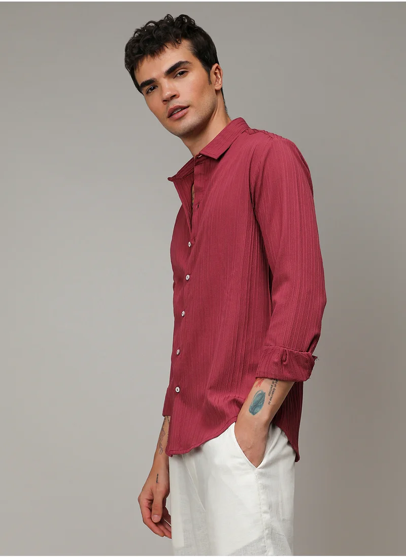 Campus Sutra Men's Blush Red Self-Design Striped Shirt