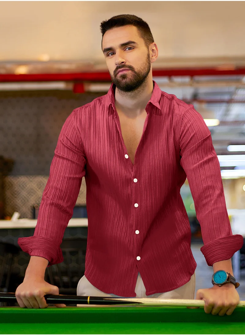 Campus Sutra Men's Blush Red Self-Design Striped Shirt