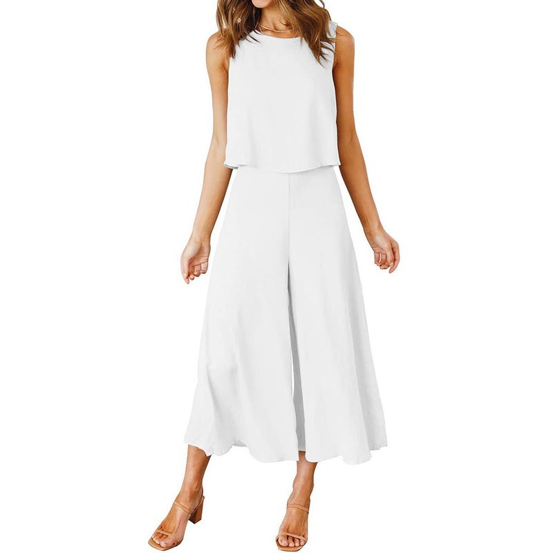 2023 European and American new TEMU womens summer 2-piece clothing round neck top short solid color wide leg pants set White