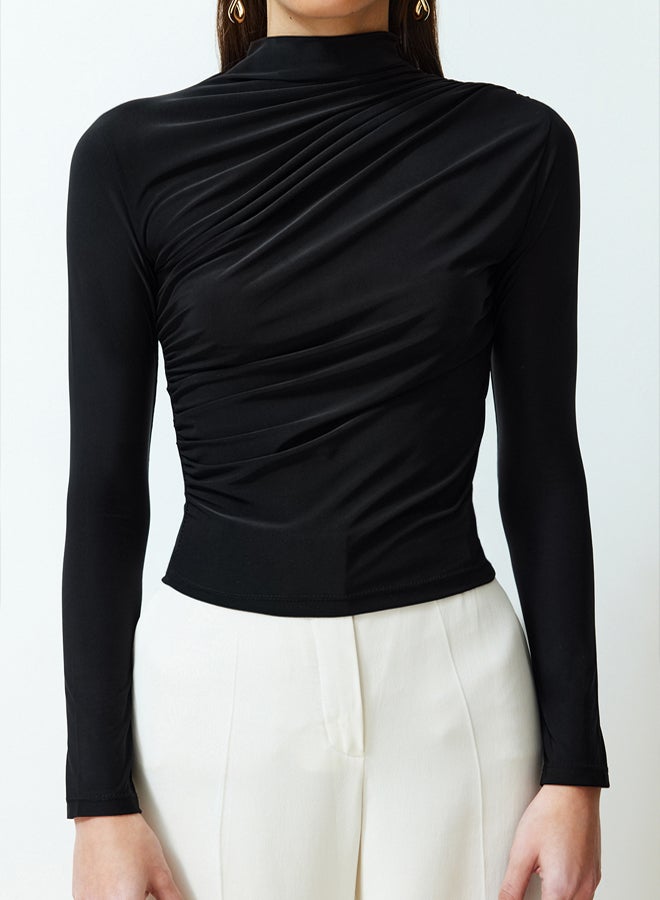 trendyol Black Gathered Square Collar Fitted Flexible Knitted Blouse - Image 5