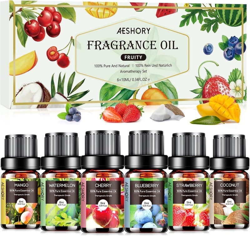 Aeshory Fruity Essential Oils Set - 6x10ML Fruit Fragrance Oil for Diffuser, Aromatherapy, Candle Making - Strawberry, Cherry, Blueberry, Mango, Coconut, Watermelon Scented Oil - Image 1
