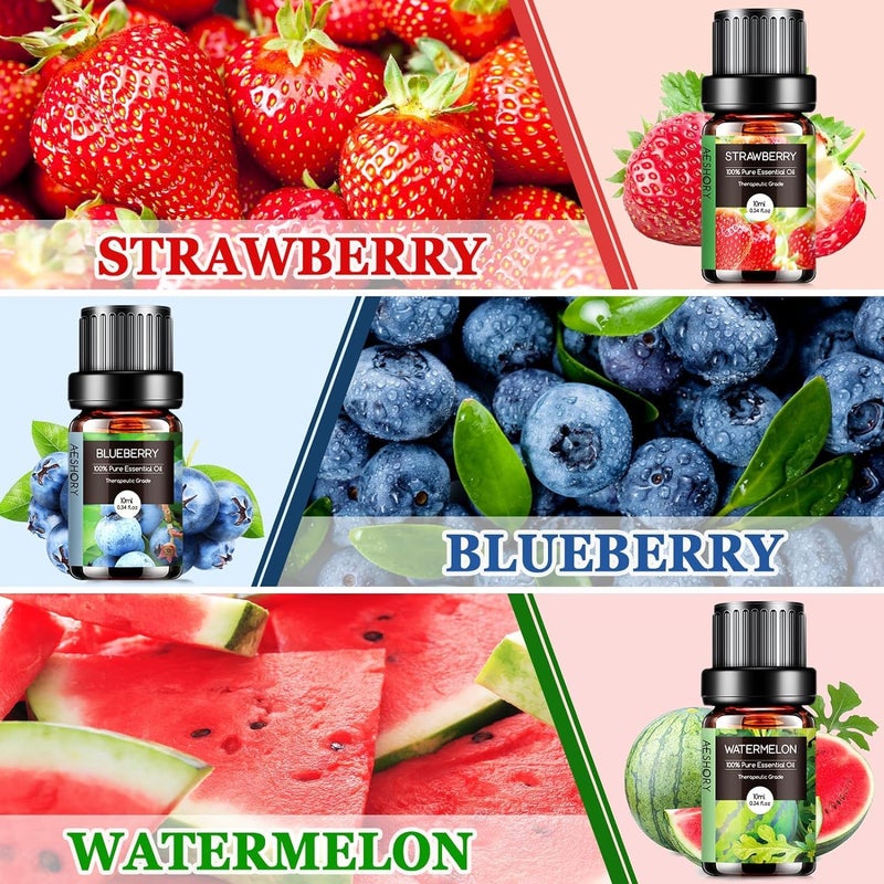 Aeshory Fruity Essential Oils Set - 6x10ML Fruit Fragrance Oil for Diffuser, Aromatherapy, Candle Making - Strawberry, Cherry, Blueberry, Mango, Coconut, Watermelon Scented Oil - Image 2