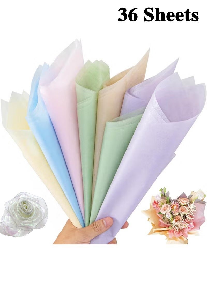 OMEVE 36 Sheets 45x60cm Cotton Wrapping Flower Lining Paper，Style Of Waterproof Floral Bouquet Lining Paper Withdrawable Pleated Wrapping Paper Gift Packaging Paper(6 Colors, 6 Sheets of Each Color，Bouquet Ribbon Included) - Image 1