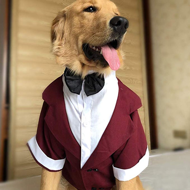 🐾 بذلة زفاف على شكل توكسيدو كلب بحجم كبير باللون الأحمر والبني مع ربطة عنق مناسبة للحفلات الرسمية - Image 1