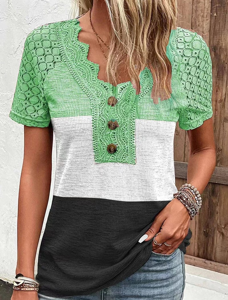 spring new comfortable casual lace stitching V-neck top short sleeve t-shirt