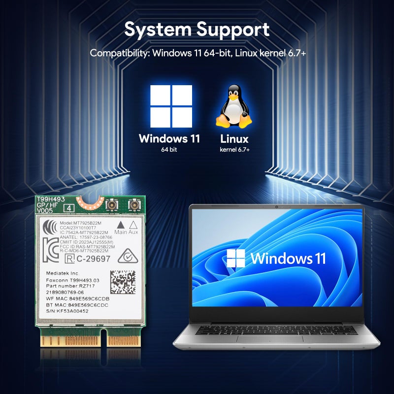 EDUP WiFi 7 Card BE6500 M.2 2230 Wi-Fi 7 Wireless Network Card for Laptop, Bluetooth 5.4 Tri-Band 6G/5G/2.4Ghz OFDMA 802.11be, Compatible with Intel/AMD Windows 11 (64-Bit) and Linux Kernel 6.7+ - Image 2