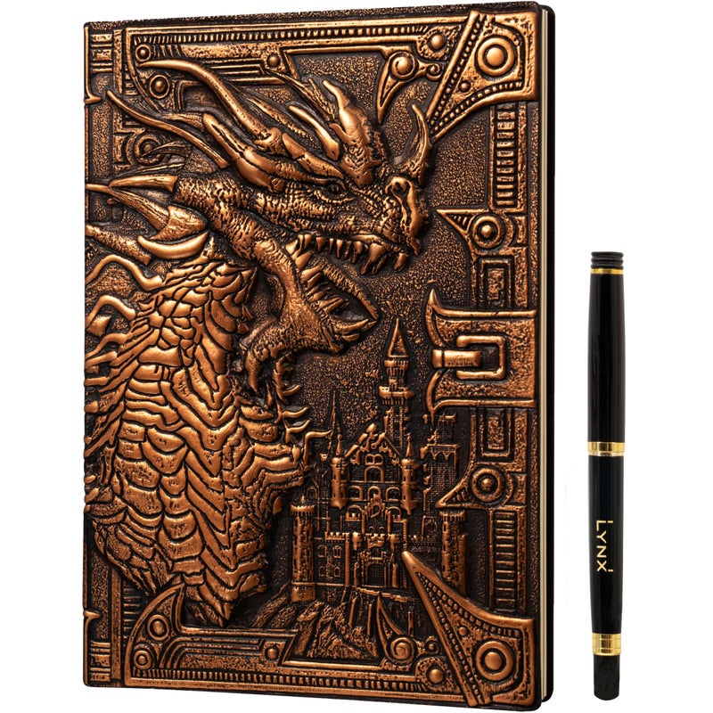 lynx DND Notebook/Journal, Unique 200 Page Book with 3D Bronze Dragon Embossed Faux Leather Cover with Pen- Ideal for Dungeons & Dragons/D&D. Great RPG Accessories Gift for DM's & Players, Men or Women - Image 1