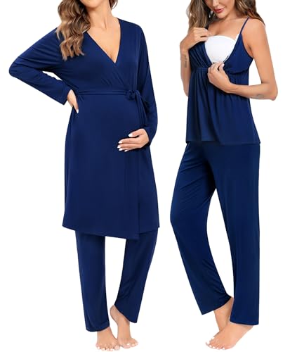 SWOMOG Maternity Nursing Robe Set 3 Piece Breastfeeding Pajamas 3 in 1 Labor Delivery Sleevless Tops&Long Pants Pregnancy Pjs Navy Blue - Image 4