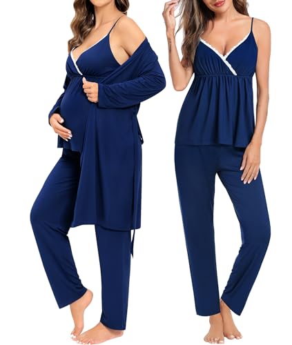 SWOMOG Maternity Nursing Robe Set 3 Piece Breastfeeding Pajamas 3 in 1 Labor Delivery Sleevless Tops&Long Pants Pregnancy Pjs Navy Blue - Image 2
