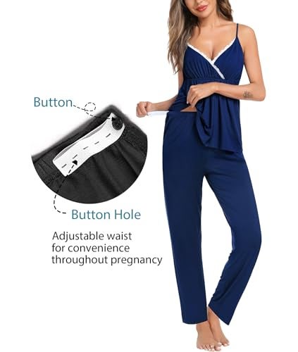 SWOMOG Maternity Nursing Robe Set 3 Piece Breastfeeding Pajamas 3 in 1 Labor Delivery Sleevless Tops&Long Pants Pregnancy Pjs Navy Blue - Image 3