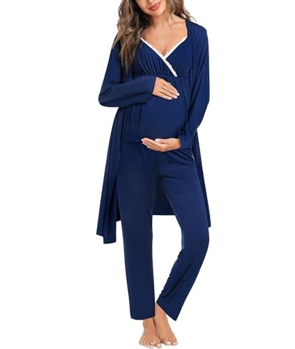 SWOMOG Maternity Nursing Robe Set 3 Piece Breastfeeding Pajamas 3 in 1 Labor Delivery Sleevless Tops&Long Pants Pregnancy Pjs Navy Blue - Image 1