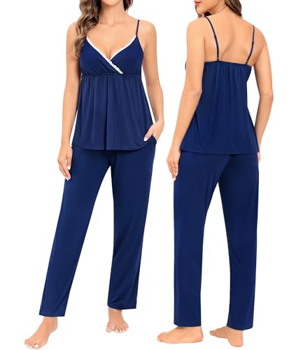 SWOMOG Maternity Nursing Robe Set 3 Piece Breastfeeding Pajamas 3 in 1 Labor Delivery Sleevless Tops&Long Pants Pregnancy Pjs Navy Blue - Image 5