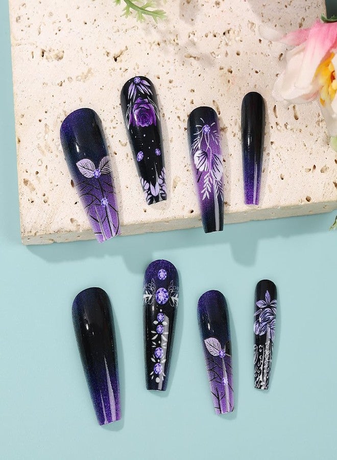 OCOUYVD 24 Pcs Press on Nails Long Square Nail Acrylic Gradient Purple Flower Design Black Purple French Tip Fake Nails Classic Glue Nail Full Cover Gel French False Nails for Artificial Women DIY Manicure - Image 2