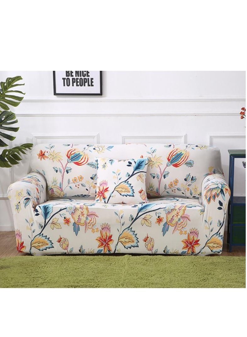 Y&D 2-Seater Exquisitely Floarl Designed Wrinkle-free Anti-slip 360-degree Full Coverage Sofa Slipcover Beige/Blue Length Stretch From 145 To 185cm - Image 1