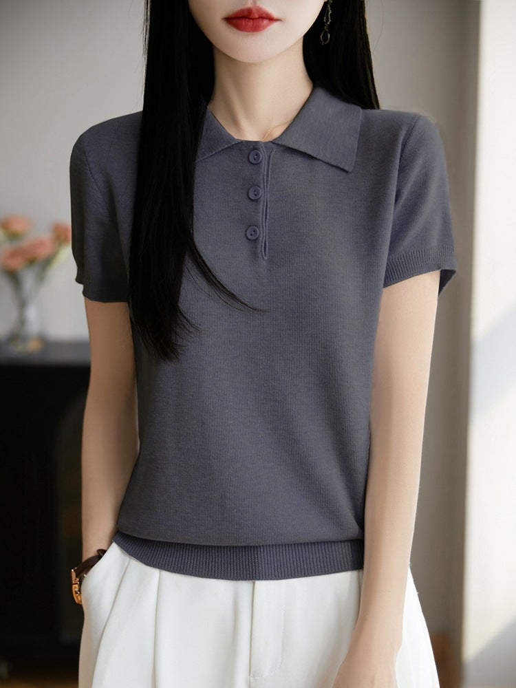 Knitted Short-Sleeved T-Shirt For Women Summer Polo Collar T-Shirt For Women Age-Reducing Lapel Top Women Summer High-End Thin Bottoming T-Shirt - Image 4