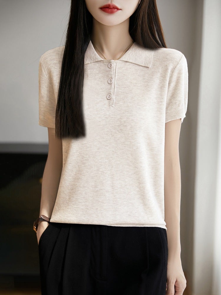 Knitted Short-Sleeved T-Shirt For Women Summer Polo Collar T-Shirt For Women Age-Reducing Lapel Top Women Summer High-End Thin Bottoming T-Shirt - Image 3