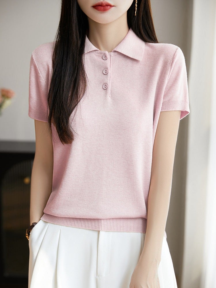 Knitted Short-Sleeved T-Shirt For Women Summer Polo Collar T-Shirt For Women Age-Reducing Lapel Top Women Summer High-End Thin Bottoming T-Shirt - Image 2