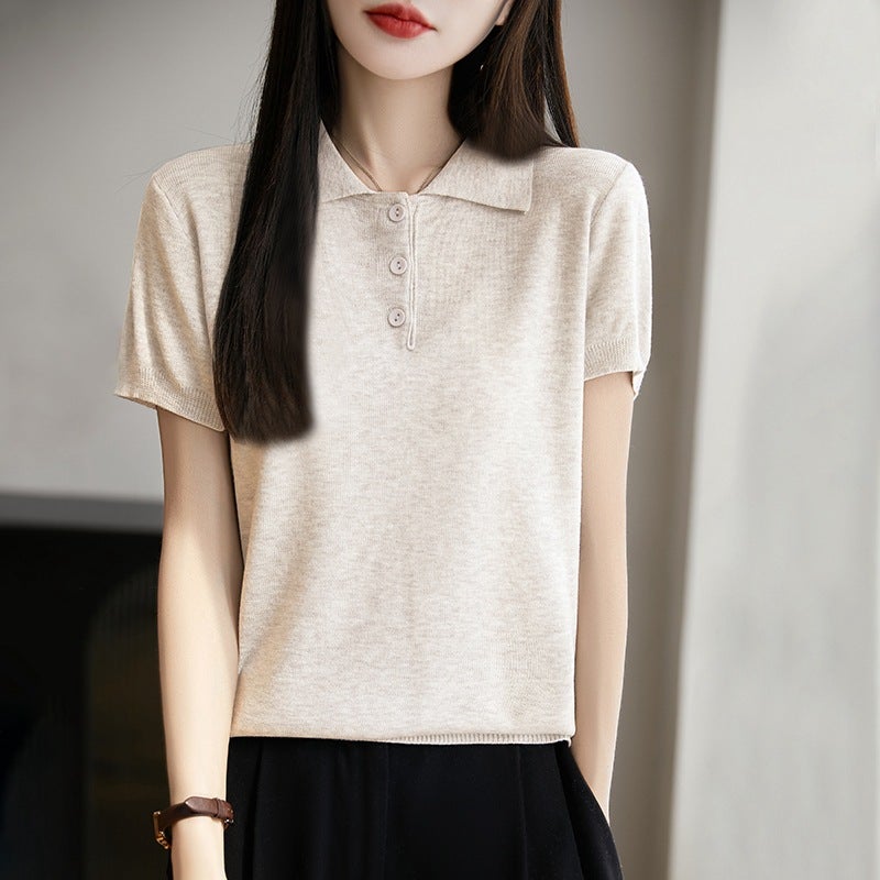 Knitted Short-Sleeved T-Shirt For Women Summer Polo Collar T-Shirt For Women Age-Reducing Lapel Top Women Summer High-End Thin Bottoming T-Shirt - Image 1