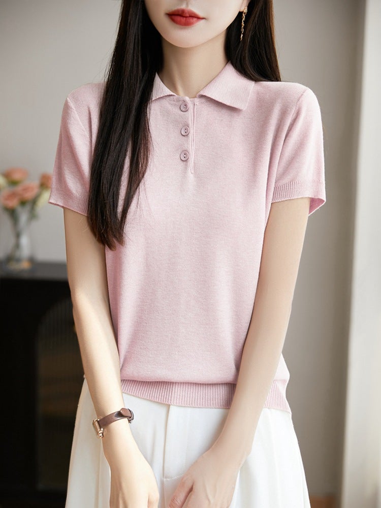 Knitted Short-Sleeved T-Shirt For Women Summer Polo Collar T-Shirt For Women Age-Reducing Lapel Top Women Summer High-End Thin Bottoming T-Shirt - Image 5