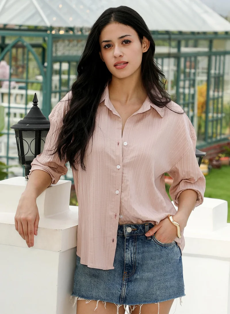 PINACOLADA Pinacolada Women's Striped-Tactile Oversized Shirt | Spread Collar , Long Cuffed Sleeves , Button Closure | Solid Textured Material | Polyester-Blend Shirt For Casual & Daily Wear | Light Peach