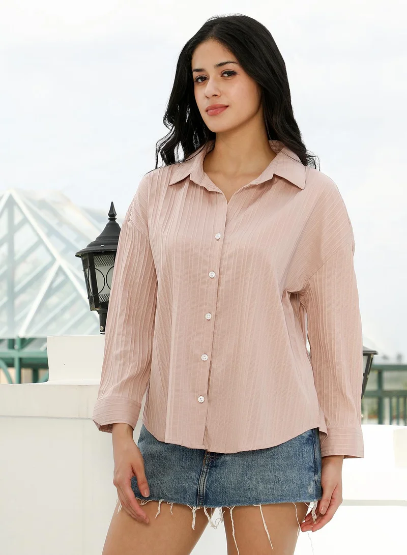 PINACOLADA Pinacolada Women's Striped-Tactile Oversized Shirt | Spread Collar , Long Cuffed Sleeves , Button Closure | Solid Textured Material | Polyester-Blend Shirt For Casual & Daily Wear | Light Peach