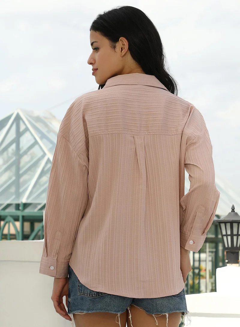 PINACOLADA Pinacolada Women's Striped-Tactile Oversized Shirt | Spread Collar , Long Cuffed Sleeves , Button Closure | Solid Textured Material | Polyester-Blend Shirt For Casual & Daily Wear | Light Peach