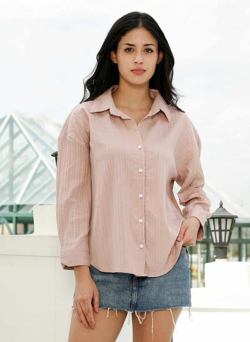 PINACOLADA Pinacolada Women's Striped-Tactile Oversized Shirt | Spread Collar , Long Cuffed Sleeves , Button Closure | Solid Textured Material | Polyester-Blend Shirt For Casual & Daily Wear | Light Peach