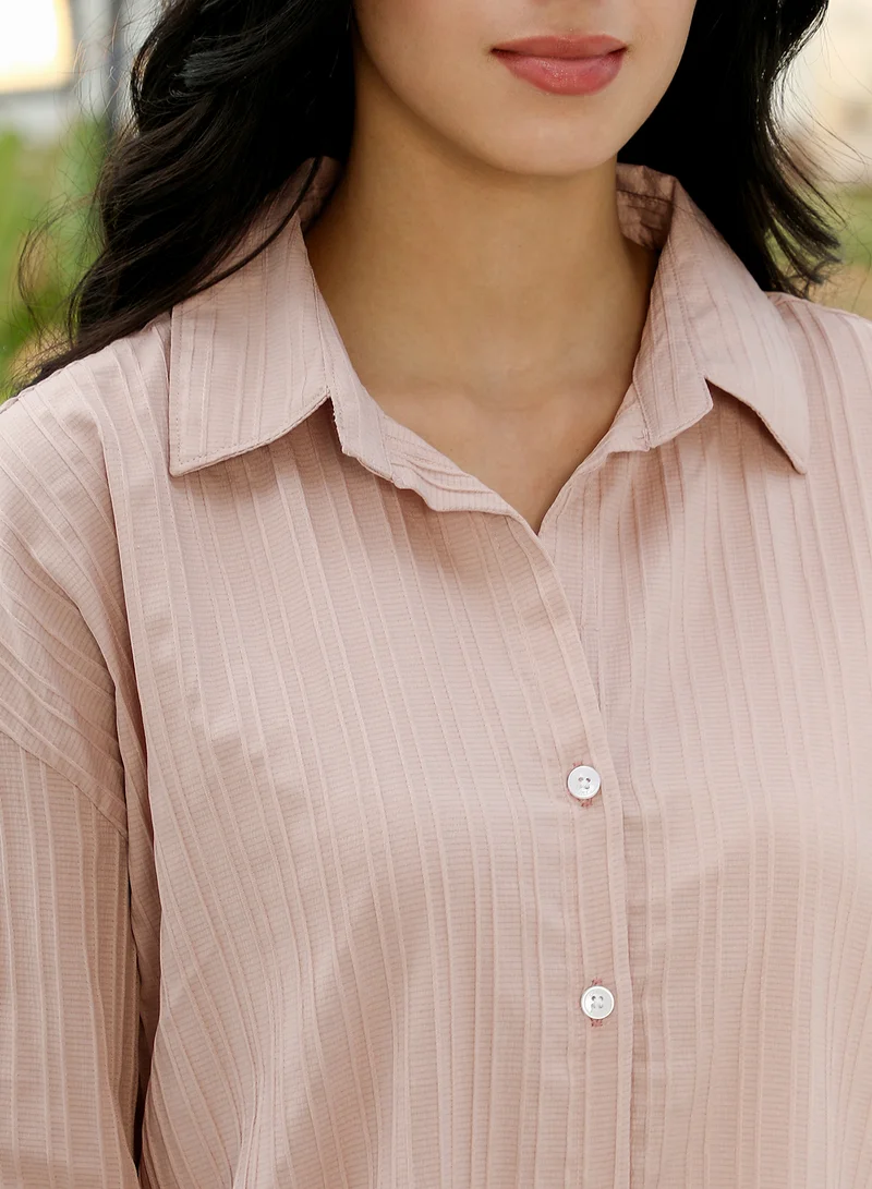 PINACOLADA Pinacolada Women's Striped-Tactile Oversized Shirt | Spread Collar , Long Cuffed Sleeves , Button Closure | Solid Textured Material | Polyester-Blend Shirt For Casual & Daily Wear | Light Peach