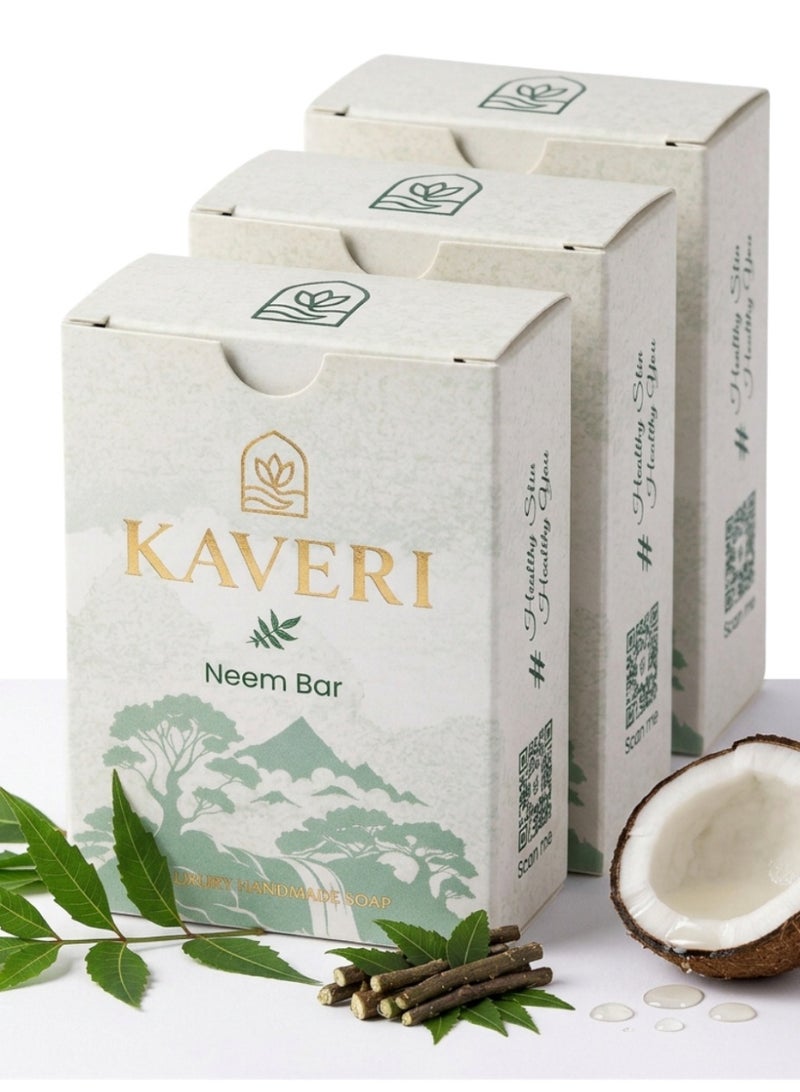 KAVERI Neem Soap Bar for Body Acne Oily Skin | Dtan Black Heads dark Spots Remover | Natural Antibacterial Ayurvedic Bathing Soap for Pimples | Herbal Face Body Purifying & Clarifying Cleanser 110g*3 - Image 1