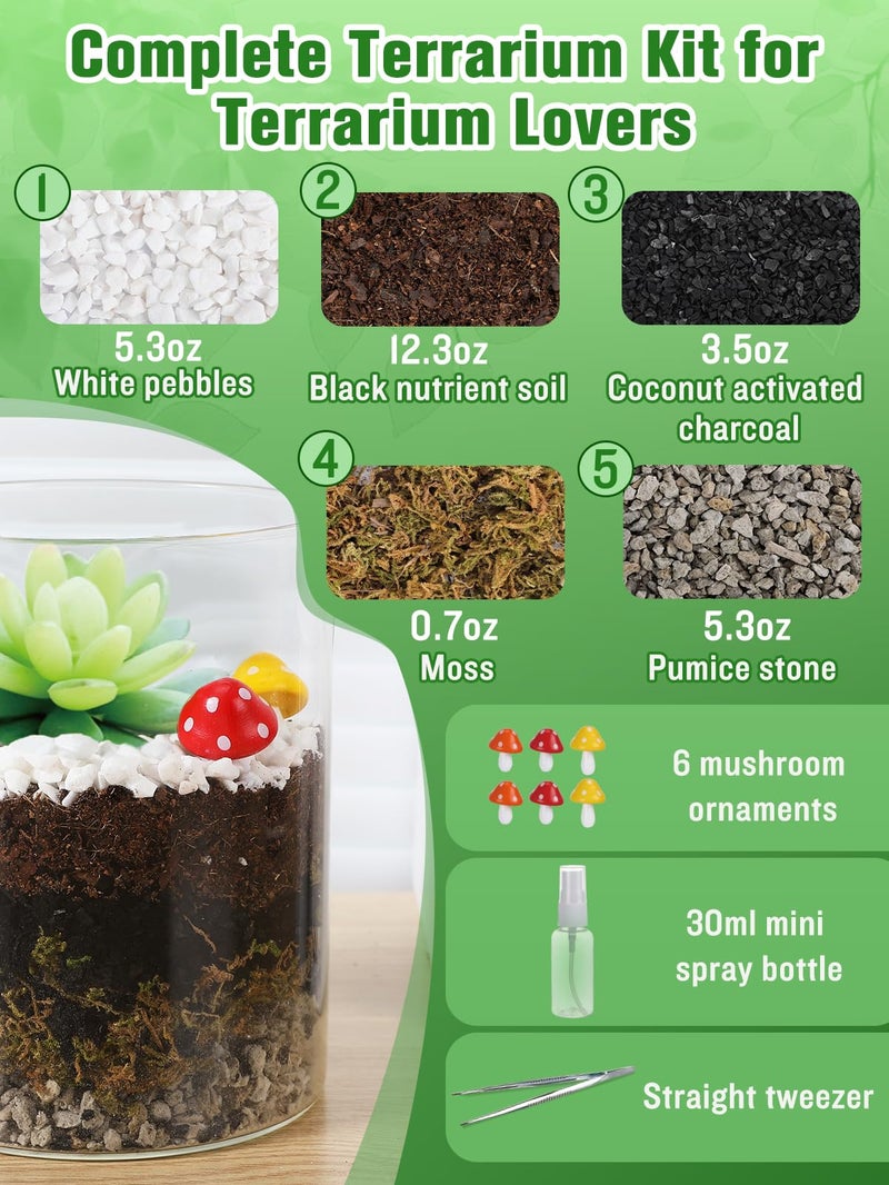 Alphatool Terrarium Kit Adults - Includes Pumice, Moss, Soil, Pebbles, Charcoal, 2 Tools, Mushroom Ornaments for Succulent Cactus, Terrarium Accessories Decor Gifts for Starter Women - Image 3