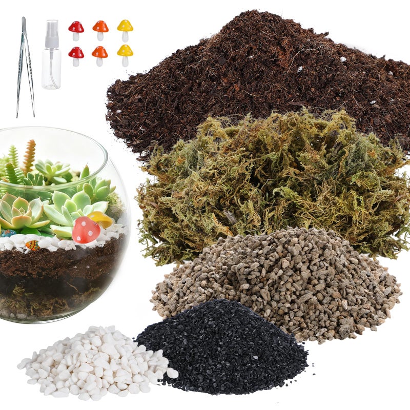 Alphatool Terrarium Kit Adults - Includes Pumice, Moss, Soil, Pebbles, Charcoal, 2 Tools, Mushroom Ornaments for Succulent Cactus, Terrarium Accessories Decor Gifts for Starter Women - Image 1