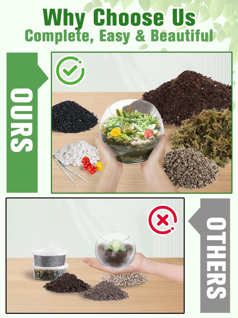 Alphatool Terrarium Kit Adults - Includes Pumice, Moss, Soil, Pebbles, Charcoal, 2 Tools, Mushroom Ornaments for Succulent Cactus, Terrarium Accessories Decor Gifts for Starter Women - Image 2