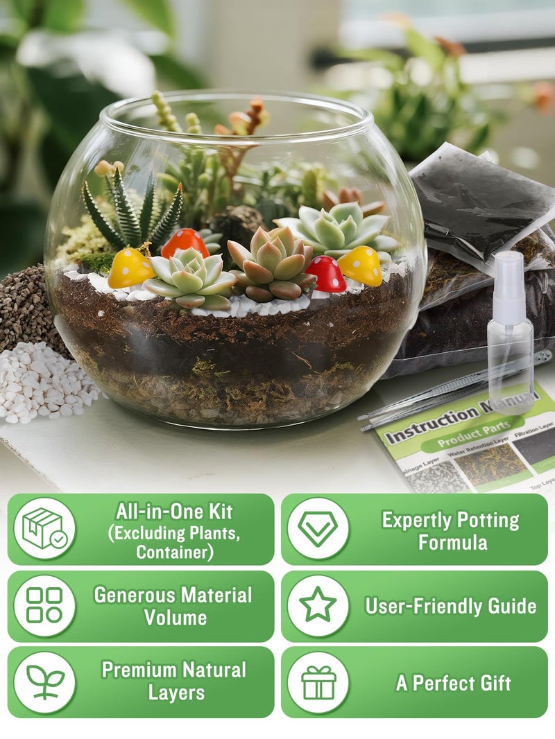 Alphatool Terrarium Kit Adults - Includes Pumice, Moss, Soil, Pebbles, Charcoal, 2 Tools, Mushroom Ornaments for Succulent Cactus, Terrarium Accessories Decor Gifts for Starter Women - Image 4