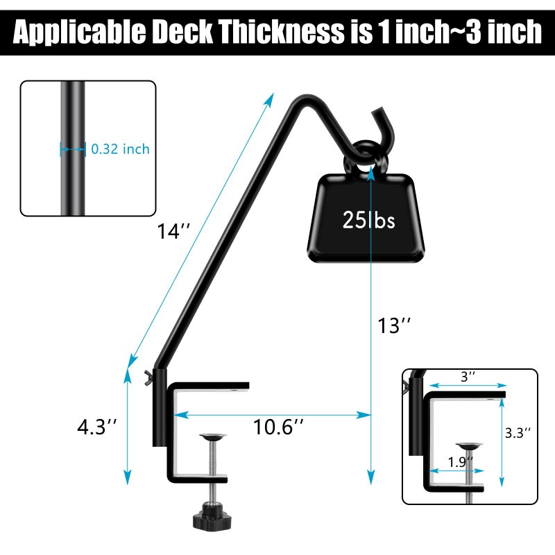 FEED GARDEN 2 Pack 14 Inch Deck Hook, Deck Bird Feeder Hanger, Applicable Deck Thickness 1 Inch-3 Inch - Image 3