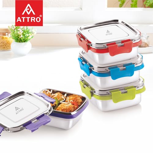 ATTRO Shine Stainless Steel Lunch Box – Square Leak-Proof Spill-Proof Microwave Safe Ideal for Kids School Office Travel – 400ml Purple - Image 5