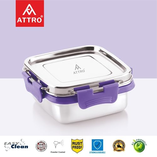 ATTRO Shine Stainless Steel Lunch Box – Square Leak-Proof Spill-Proof Microwave Safe Ideal for Kids School Office Travel – 400ml Purple - Image 4