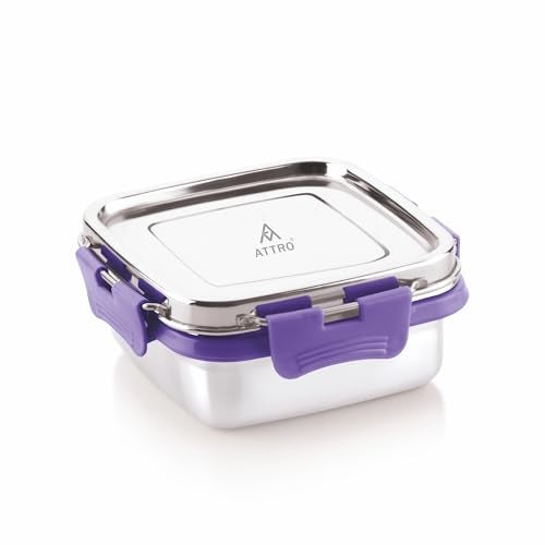 ATTRO Shine Stainless Steel Lunch Box – Square Leak-Proof Spill-Proof Microwave Safe Ideal for Kids School Office Travel – 400ml Purple - Image 1