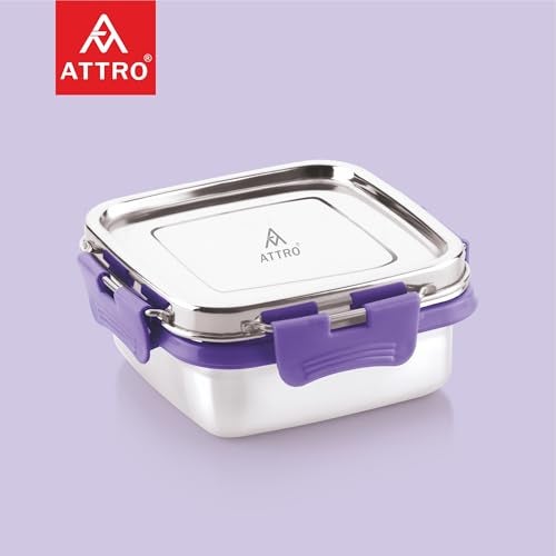 ATTRO Shine Stainless Steel Lunch Box – Square Leak-Proof Spill-Proof Microwave Safe Ideal for Kids School Office Travel – 400ml Purple - Image 3