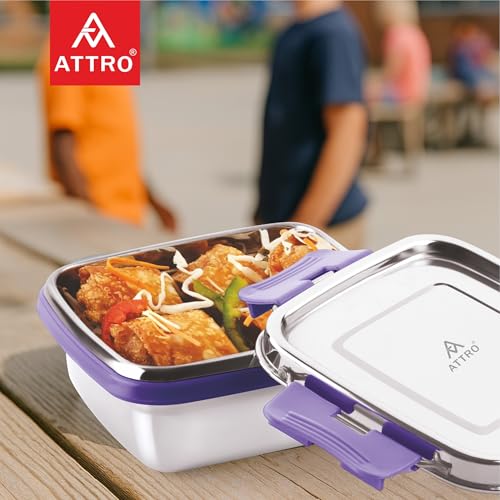 ATTRO Shine Stainless Steel Lunch Box – Square Leak-Proof Spill-Proof Microwave Safe Ideal for Kids School Office Travel – 400ml Purple - Image 2