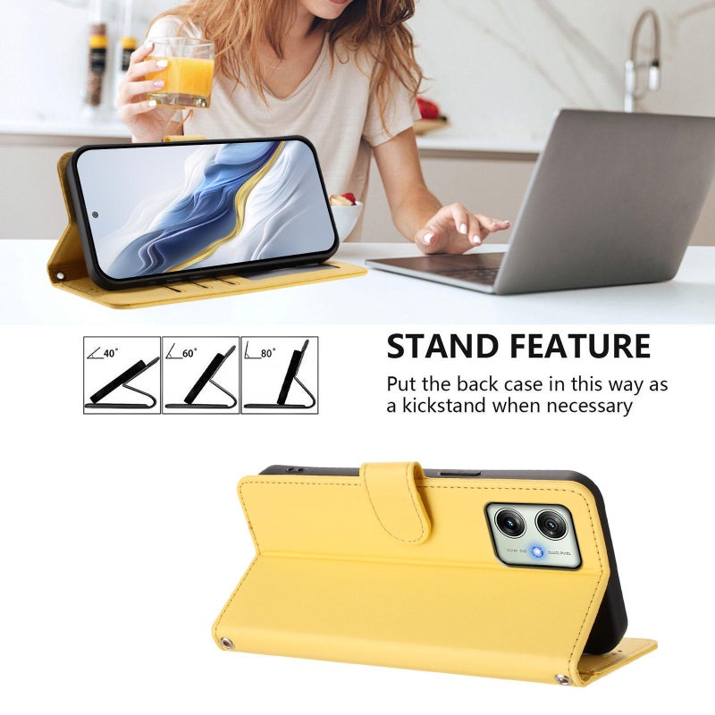 إيروريكس جراب هاتف موتورولا موتو جي 64 / جي 54 من الجلد المنقوش بنقشة قطة هندية مع حزام يد (أصفر) - Image 3