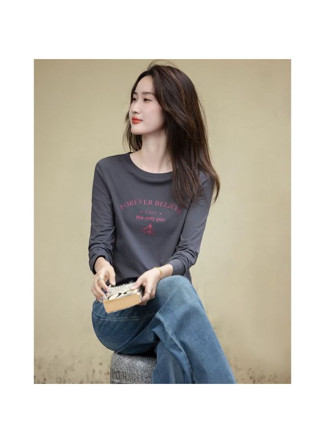 dme Demana Soft Skin 180g Cotton-spandex Autumn Korean Style Round Neck Letter Print Pee Elegant Women's T-shirt - Image 4