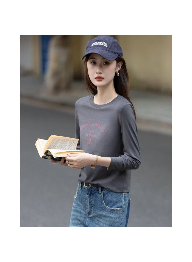 dme Demana Soft Skin 180g Cotton-spandex Autumn Korean Style Round Neck Letter Print Pee Elegant Women's T-shirt - Image 1