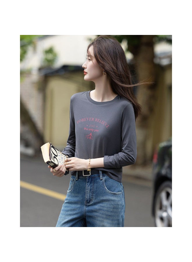 dme Demana Soft Skin 180g Cotton-spandex Autumn Korean Style Round Neck Letter Print Pee Elegant Women's T-shirt - Image 2