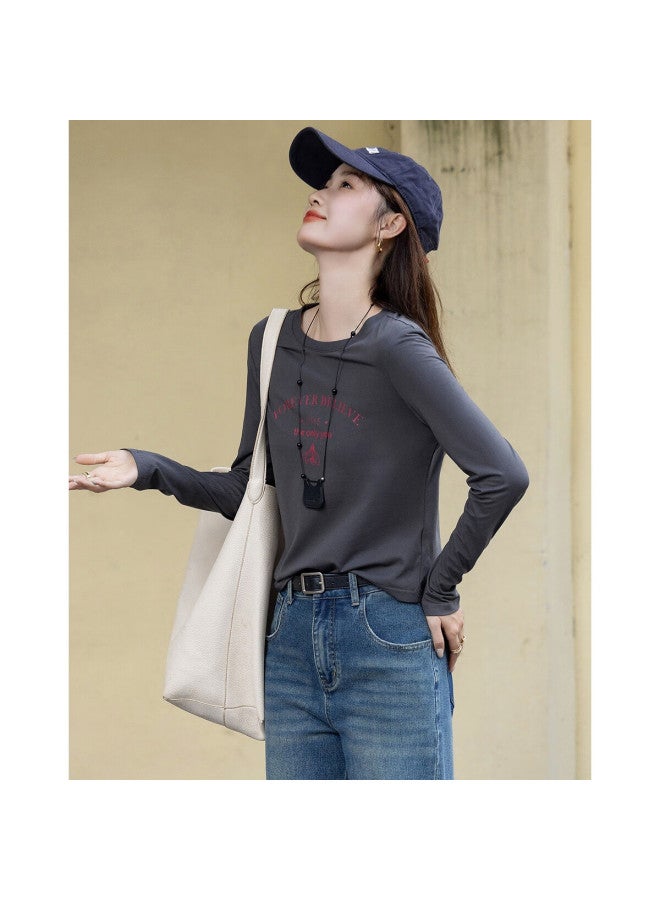 dme Demana Soft Skin 180g Cotton-spandex Autumn Korean Style Round Neck Letter Print Pee Elegant Women's T-shirt - Image 5