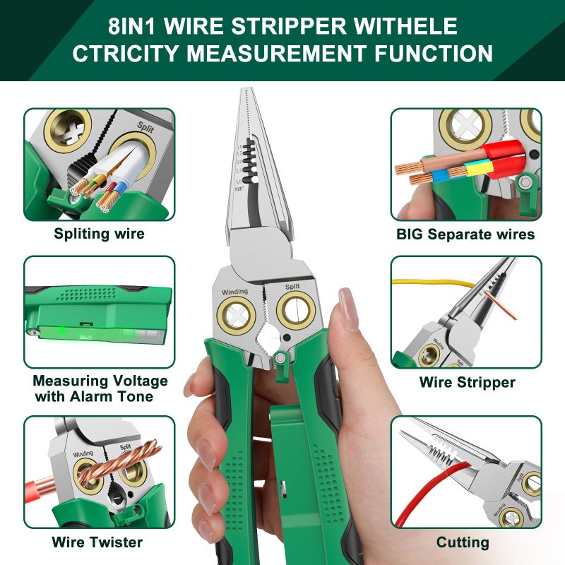 GADO Pro 8-in-1 Wire Stripper/Cutter with Voltage Tester & Dual Alarms - Heavy Duty 12-250V AC/DC Electrical Tester for Hot/Neutral Wires - Electrician, HVAC, Car Repair Tool (Green) - Image 2