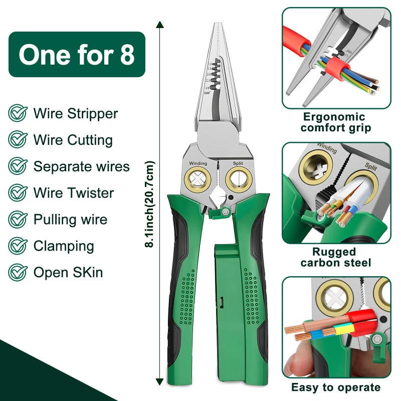 GADO Pro 8-in-1 Wire Stripper/Cutter with Voltage Tester & Dual Alarms - Heavy Duty 12-250V AC/DC Electrical Tester for Hot/Neutral Wires - Electrician, HVAC, Car Repair Tool (Green) - Image 5