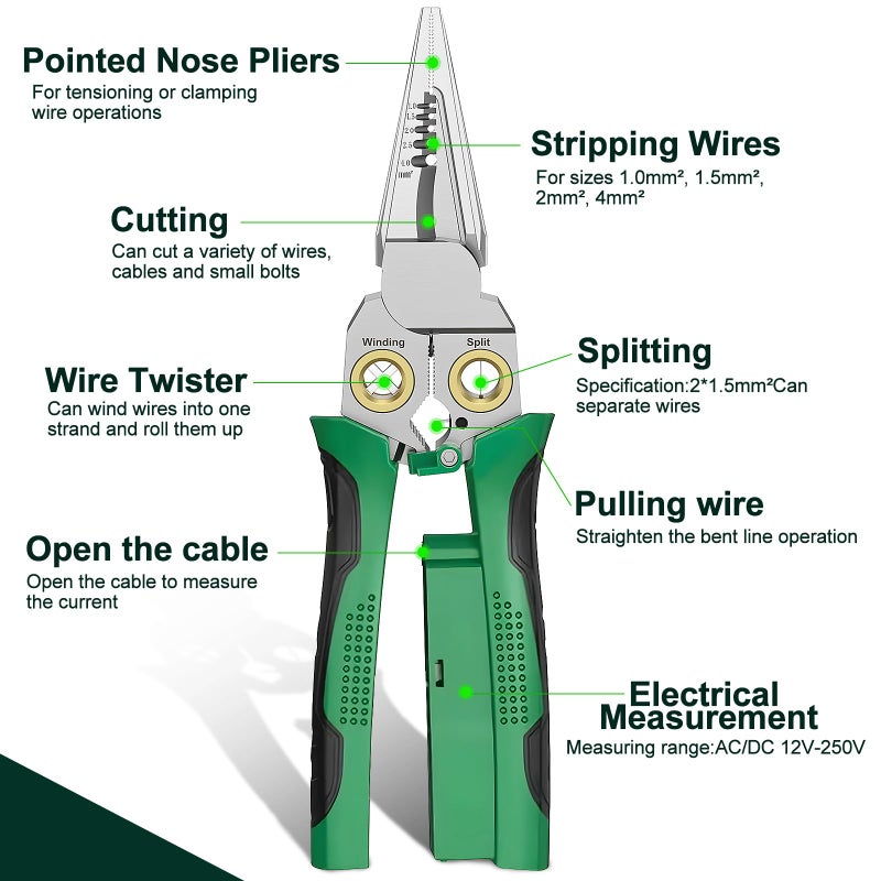 GADO Pro 8-in-1 Wire Stripper/Cutter with Voltage Tester & Dual Alarms - Heavy Duty 12-250V AC/DC Electrical Tester for Hot/Neutral Wires - Electrician, HVAC, Car Repair Tool (Green) - Image 3