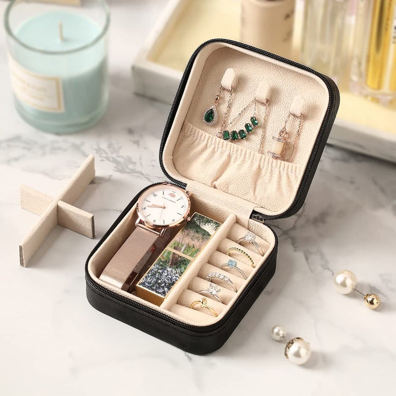 ZPROW Travel Jewelry Case, Mini Portable Jewelry Travel Boxes, Small Jewelry Organizer for Rings, Earrings, Pendants, Watches, Necklaces, Lipsticks Organizer Storage Holder Case (Black) - Image 4