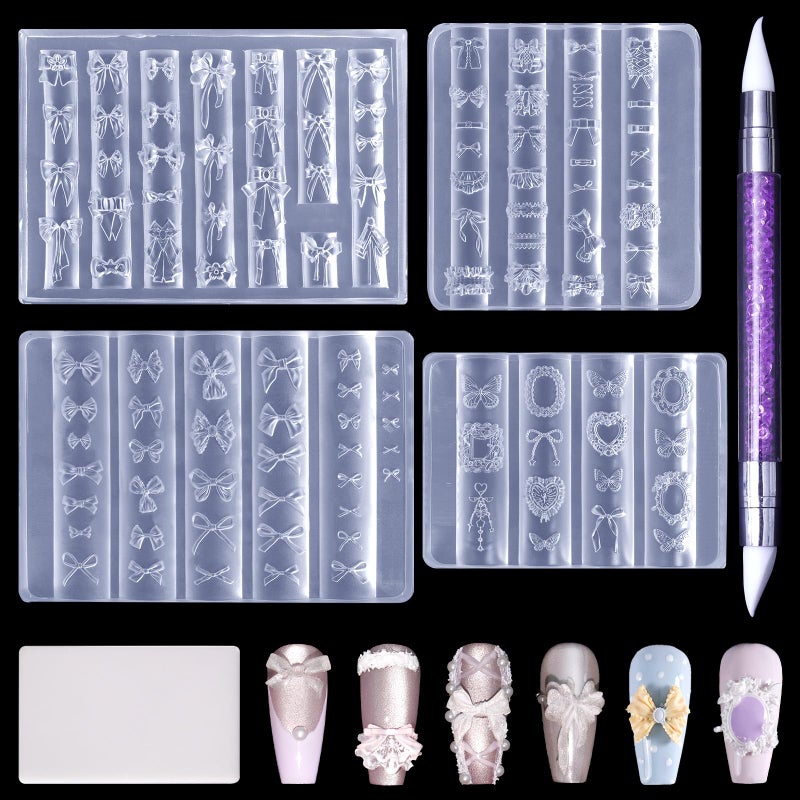 Laza 4pcs Silk Bowknot Silicone Nail Art Molds, Acrylic 3D Bowknot Nail Charms Molds Clear Modeling Templates Silicone Bow Pattern Nail Tools with Sculpture Pen for Salon Nail Design Resin Epoxy DIY - Image 1